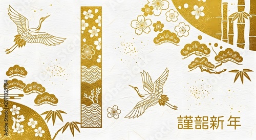 Elegant Japanese new year greeting card background with golden cranes and bamboo vector elements