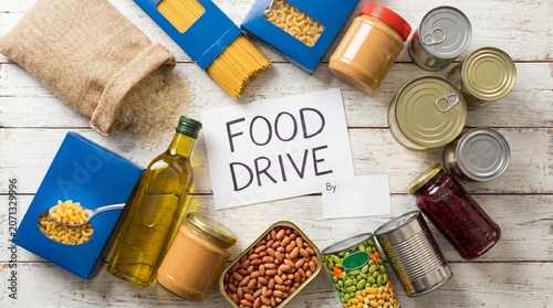 Food donations such as pasta, rice, oil, peanut butter, canned food, jam and other on white wooden table , top view