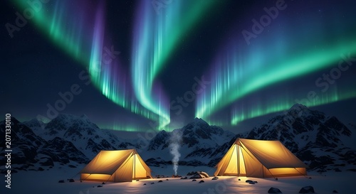 Spectacular northern lights aurora borealis glowing above twin tents inside snowy mountain valley