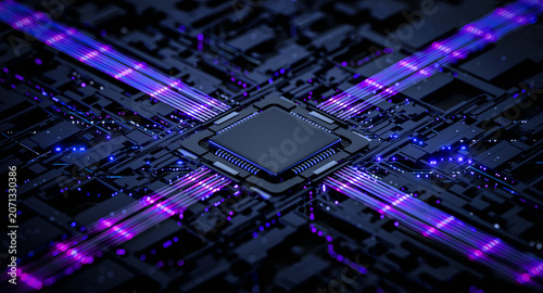 Tableau sur toile High-Tech Processor Chip Circuit Board with Data Flow