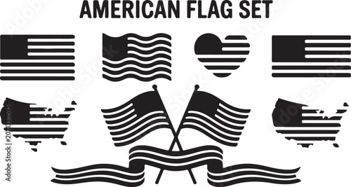 Collection of black and white American flag icons, including waving flags, heart shape, crossed banners, and USA map silhouettes