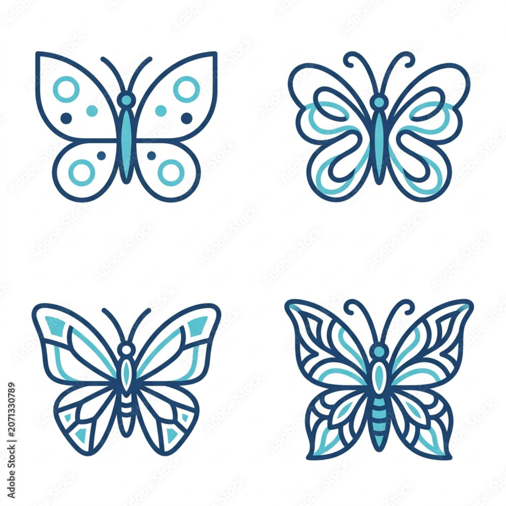 Fototapeta premium Set of Four Blue Butterfly Line Art Icons Flat Design Vector Illustration
