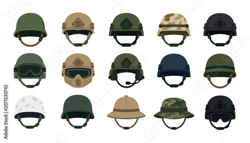 Konstfotografi Tactical helmets in various colors.