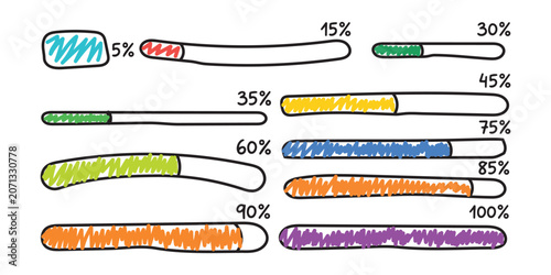 A collection of colorful hand drawn loading progress bars featuring various percentage status level indicators