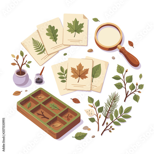 Botany leaf study tools and specimens.