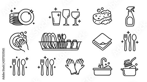 Fotografie Household dishwashing and kitchen cleaning line icon set featuring clean plates