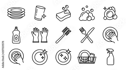 Foto Dishwashing and kitchen cleaning linear icon set featuring sparkling plates liqu