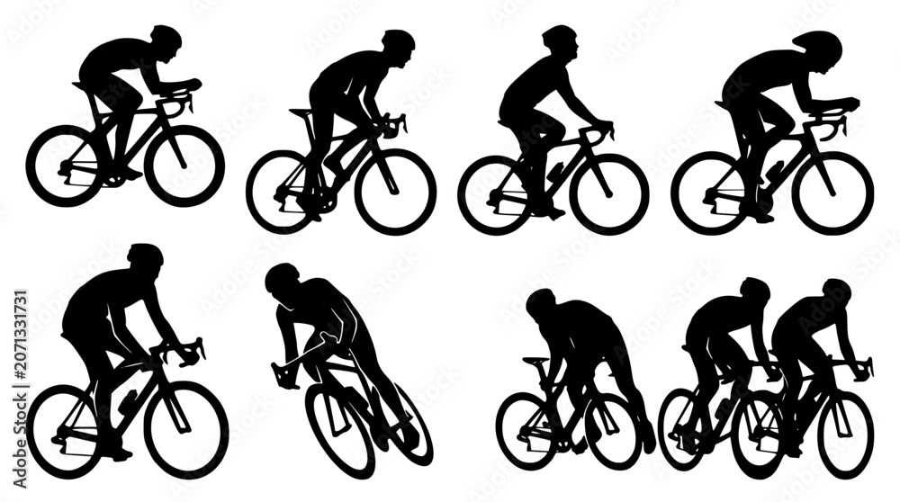 Obraz premium Professional cyclist silhouettes vector set featuring road bike racers and time trial triathletes in fast aerodynamic riding positions