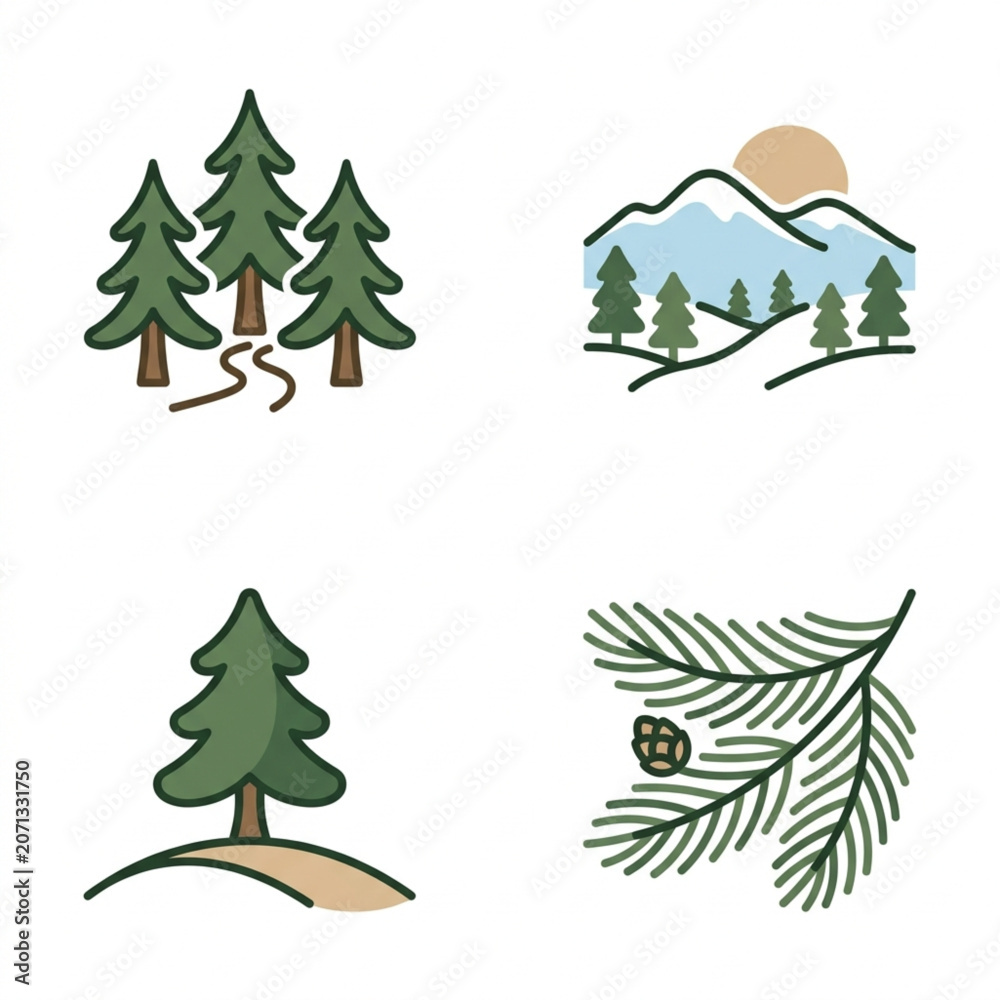 Obraz premium Pine Tree Forest and Nature Flat Icon Set with Mountain Landscape