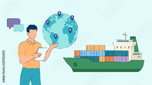 Quadro su tela Man managing global shipping logistics with tablet and cargo ship