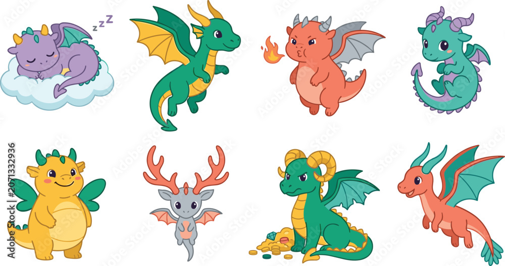Obraz premium Cute Cartoon Dragon Character Collection with Fantasy Baby Dragons and Mascots