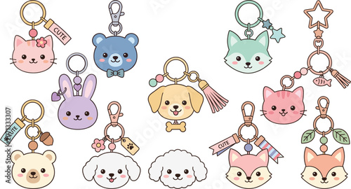 Canvastavla Cute kawaii animal head keychain set, cartoon character pendants vector illustra