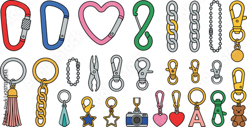 Foto Colorful metal keychain charms, carabiner clips and decorative pendant elements