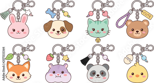 Konstfotografi Cute kawaii animal head keychain set, cartoon characters vector illustration iso
