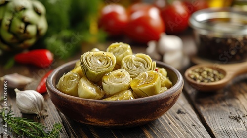 Marinated artichoke hearts in wooden bowl on rustic table with tomatoes and garlic