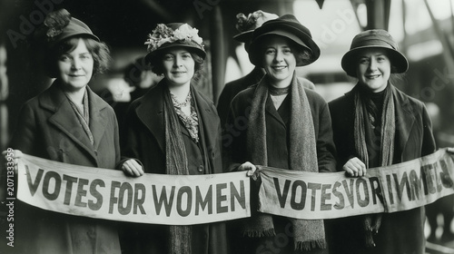 A group of women in 1920s clothing holding Votes for Women banners, black and white