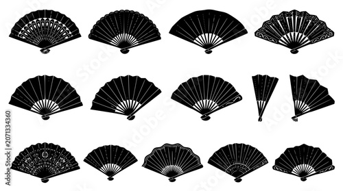 Traditional black hand folding fans set vector illustration featuring different orientations open and closed Spanish lace pattern designs
