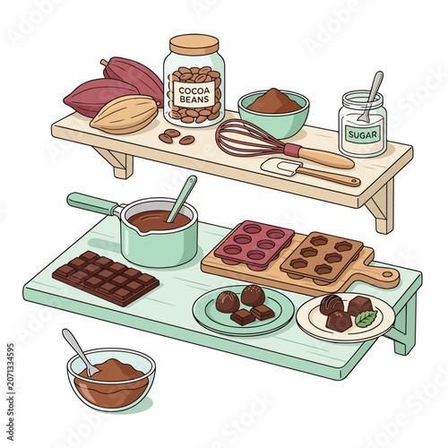 Chocolate making ingredients on trays.