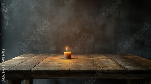 A Single Lit Candle on a Rustic Wooden Table in Dim Lighting