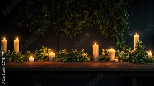 Warm Candlelight Glows Amidst Lush Greenery and Delicate Blooms on a Rustic Wooden Table
