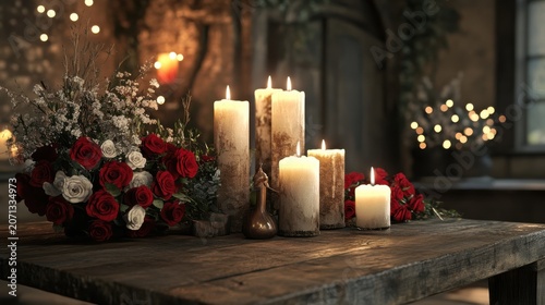 Romantic Candlelit Still Life with Roses and Vintage Brass on Rustic Wooden Table