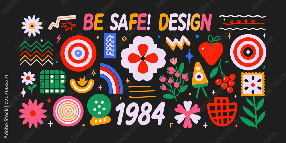 Fototapeta premium Retro floral ornament and geometric pattern collection vibrant vector illustration on black background 1984 abstract design