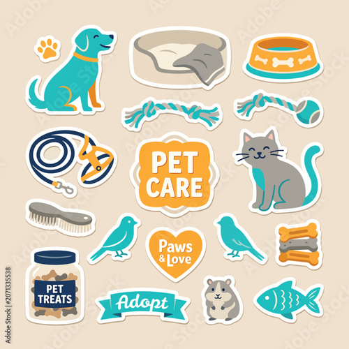 Colorful Pet Care and Adoption Icons.