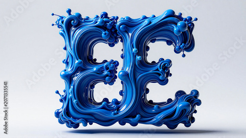 Blue Liquid Letter E Design with Glossy Fluid Swirls and Splashes