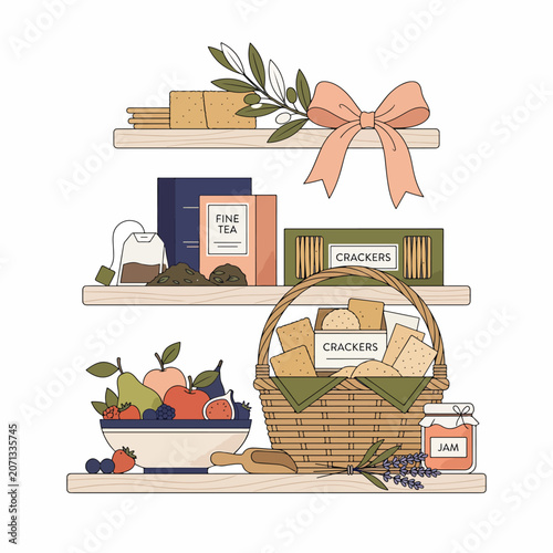 Colorful pantry shelf with food items.