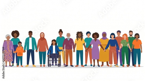 Diverse group of people standing together holding hands in a flat vector illustration style representing community unity inclusion equality and social diversity on white background