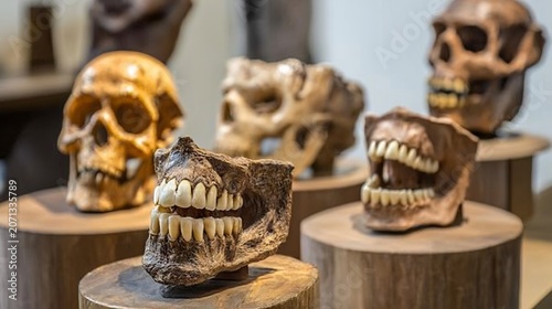 Close-up of Fossilized Jawbone and Teeth Specimen on Display for Paleoanthropology and Evolutionary Biological Study