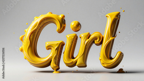 3D Glossy Yellow Liquid Typography Forming the Word Girl on a Light Background