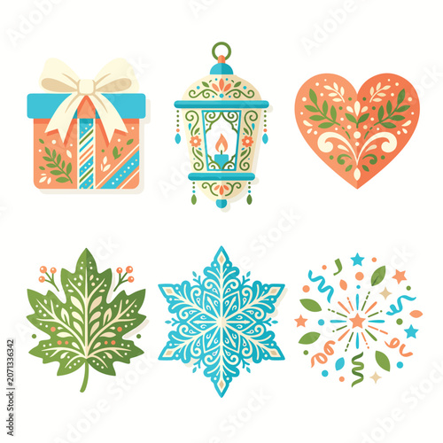 Colorful holiday decorations and symbols.
