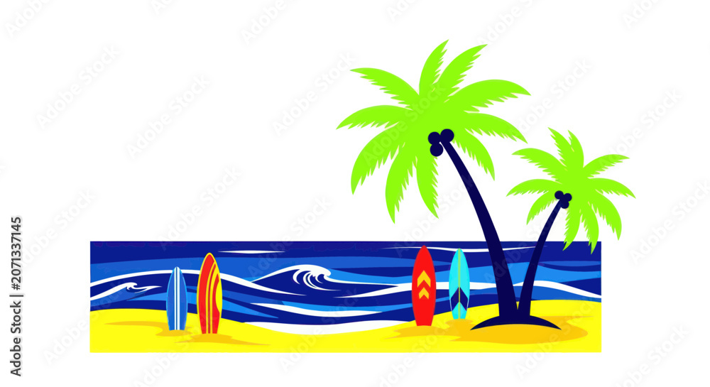 Obraz premium Tropical beach scene with palm trees and surfboards on the sand