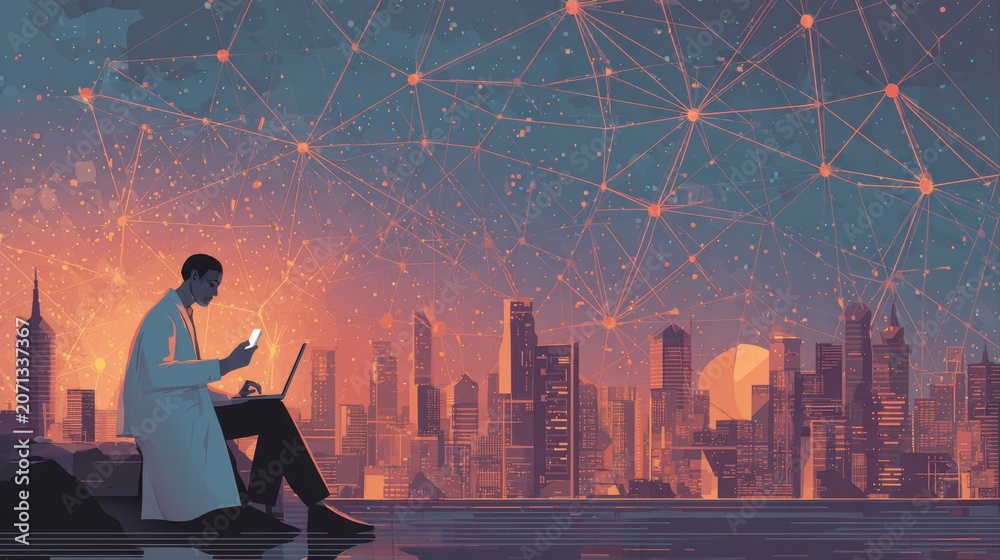 Fototapeta premium Big data, digital technology, internet network connection, futristic technology background. Man using mibile phobe and laptop and smart city