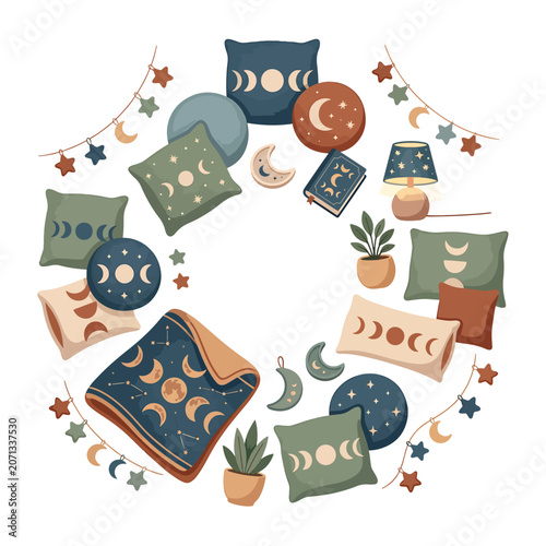 Cozy bedroom interior with moon pillows.