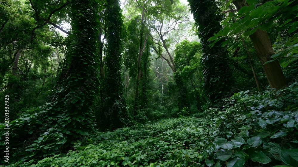 Fototapeta premium A lush thriving rainforest is beautifully draped in dense vines and surrounded by vibrant natural beauty