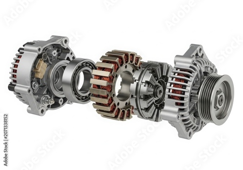 Exploded view of car alternator parts
