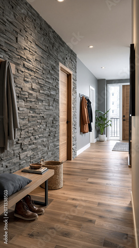 Modern entry hallway with stone accent wall and bench
