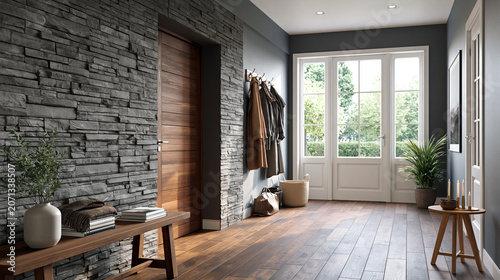 Hallway with stone accent wall and wooden door near entrance