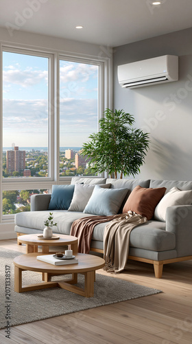 Sofa with cushions under wall air conditioner in apartment
