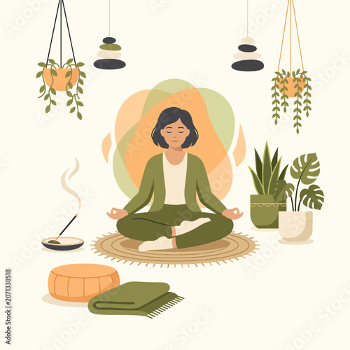 Woman meditating in green outfit indoors.