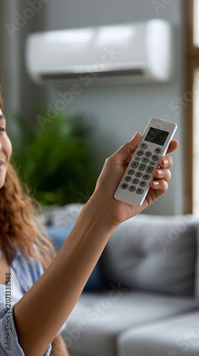 Hand holding remote control pointing at wall mounted air conditioner