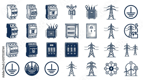 Collection of electrical components and power line icons.