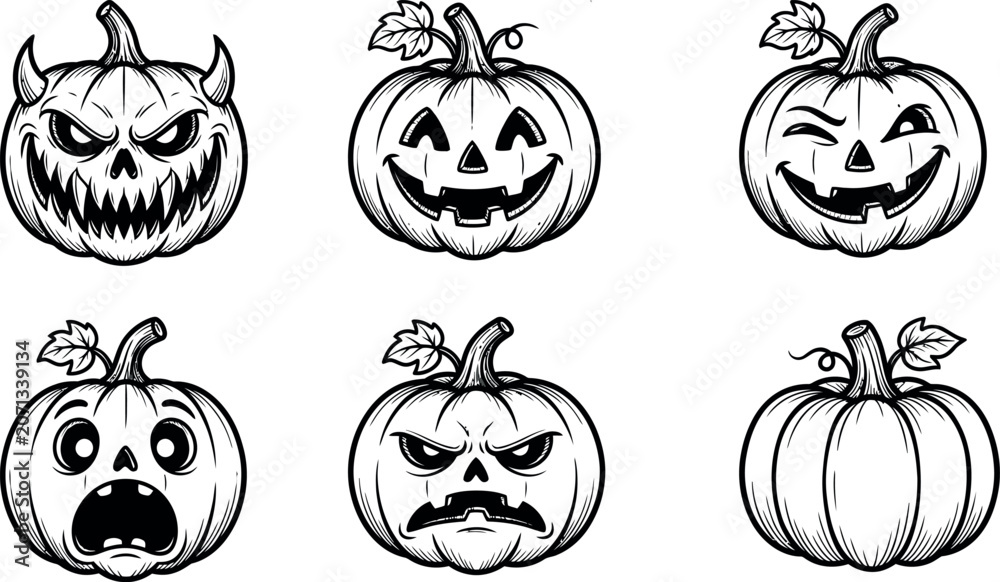Obraz premium Black and white illustrations of six carved pumpkins with different faces