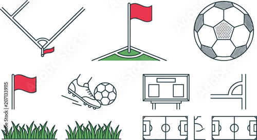 Canvastavla Soccer Football Corner Kick Line Icon Set with Ball Scoreboard Boot Kicking Ball