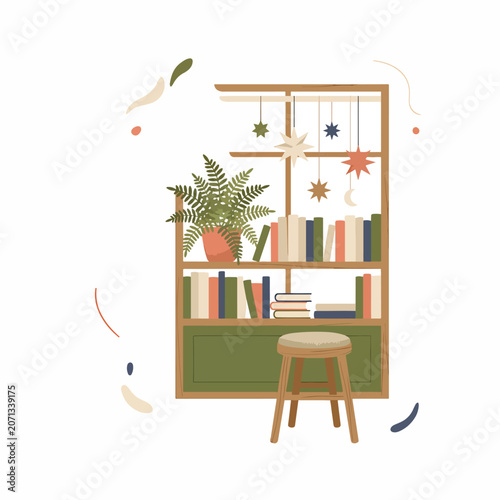 Wooden bookshelf with stool and plants.