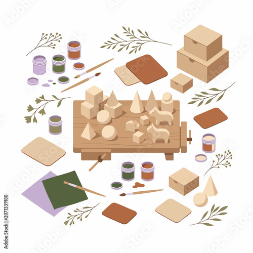Woodworking tools and craft supplies.