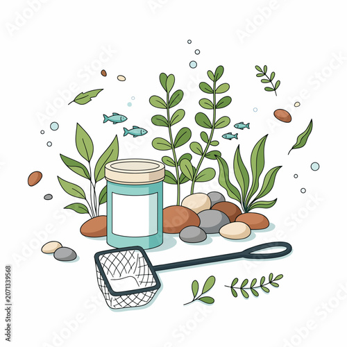 Aquatic plants and fishing net jar.