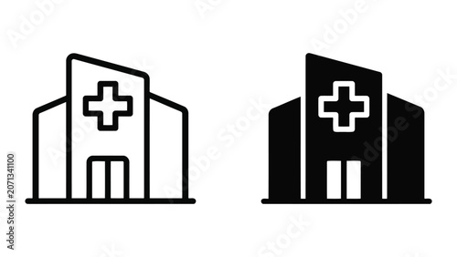 Minimalist hospital building icon set featuring outline and solid styles for medical facility signage and healthcare web design projects isolated on a clean white background for professional use